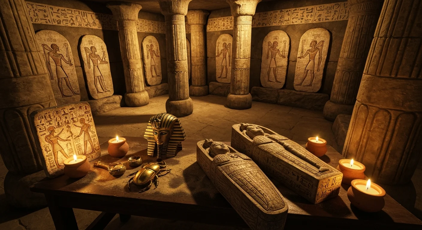 Oud-Egyptische graftombe met hiërogliefen en artefacten.