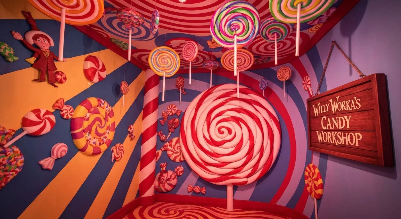 Speelse escape room met snoepthema en kleurrijke lekkernijen.