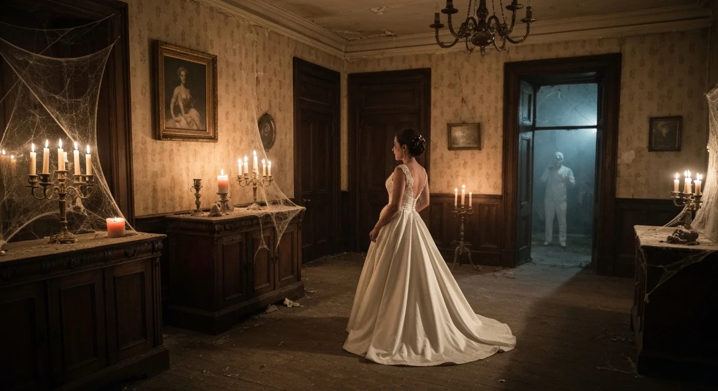 Een griezelige escape room in een spookhuisstijl met spinnenwebben, kaarsen en onheilspellende verlichting.