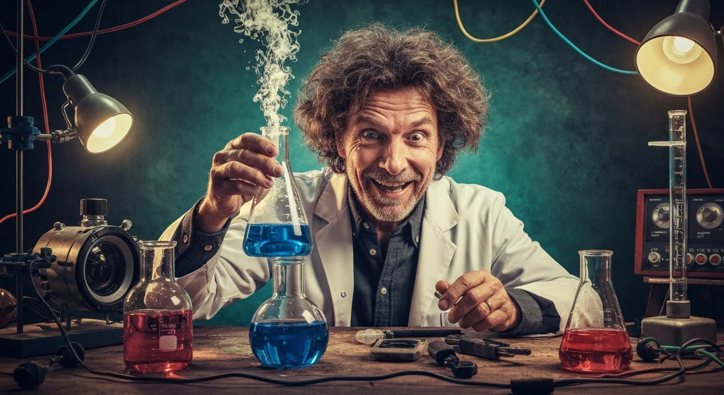 Laboratorium van een gestoorde wetenschapper met borrelende reageerbuizen en experimenten.