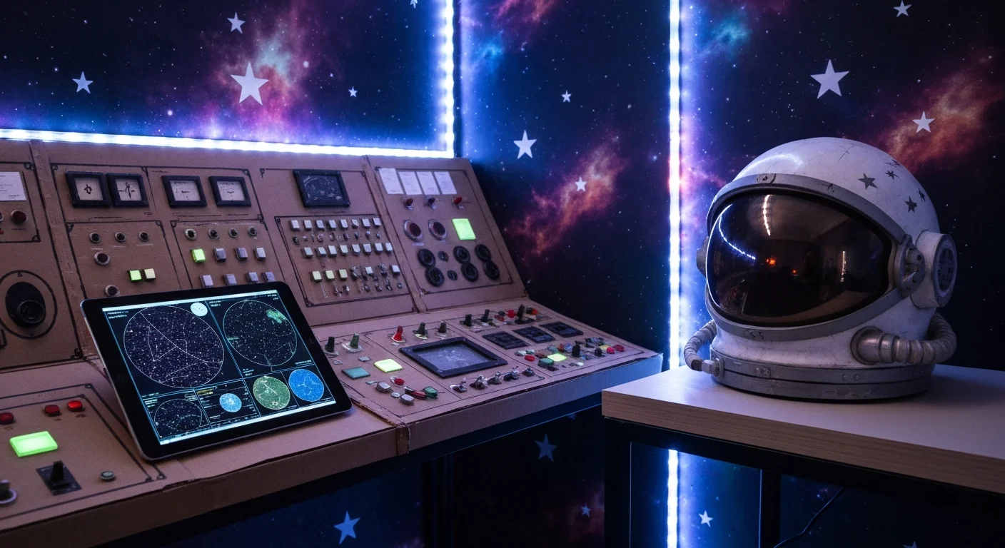 Escape room met ruimtestationthema, glow-in-the-dark sterren en futuristische bedieningselementen.