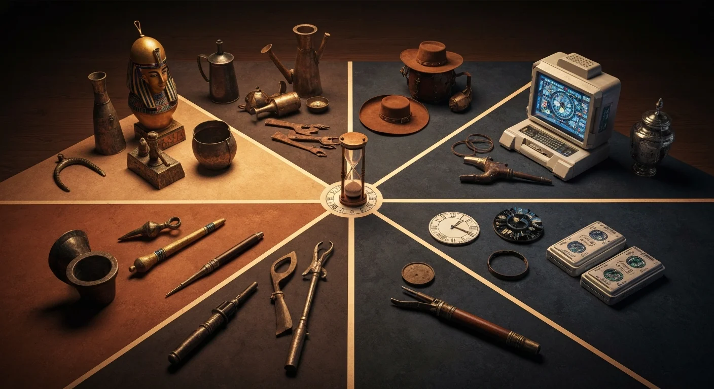 Escape room met tijdreisthema en artefacten uit verschillende historische perioden.