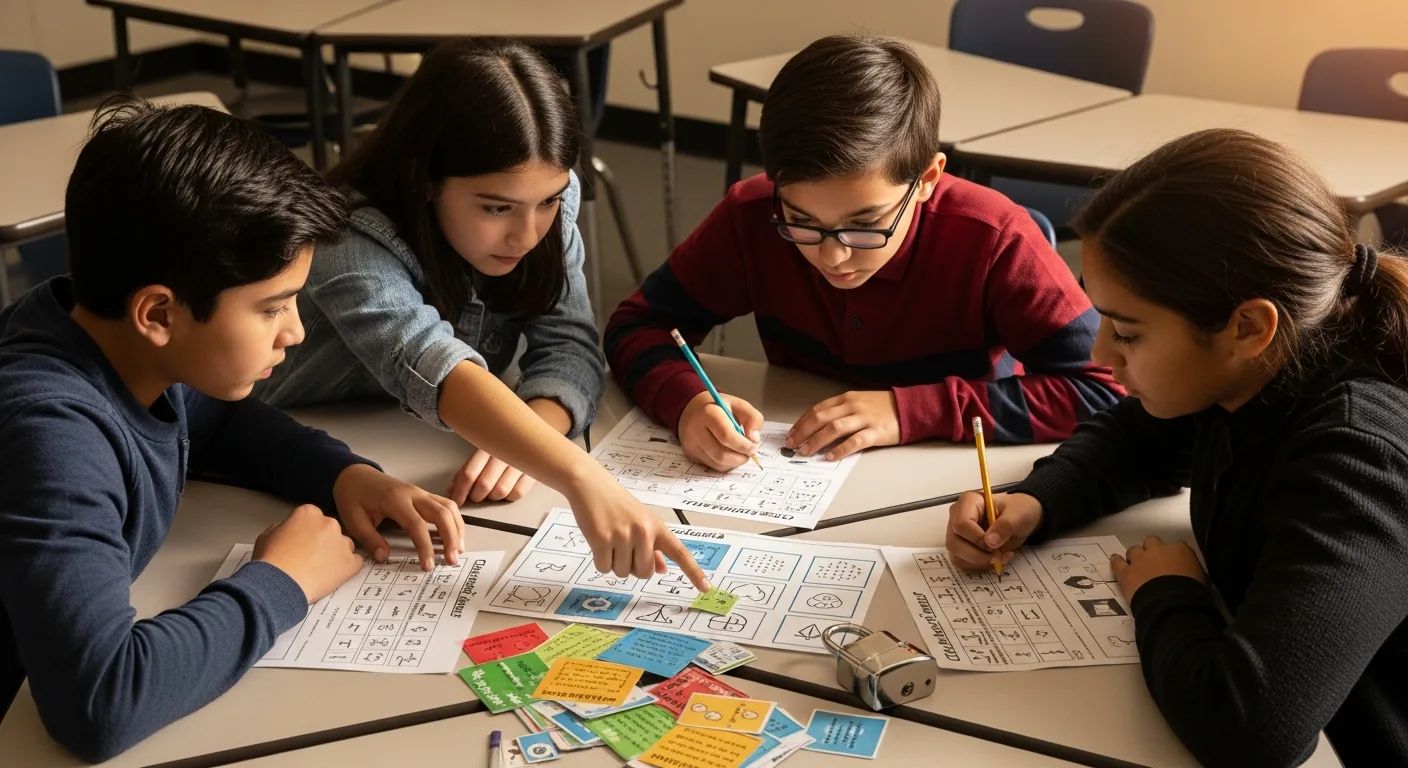 Alumnos resolviendo rompecabezas imprimibles de escape room en el aula.