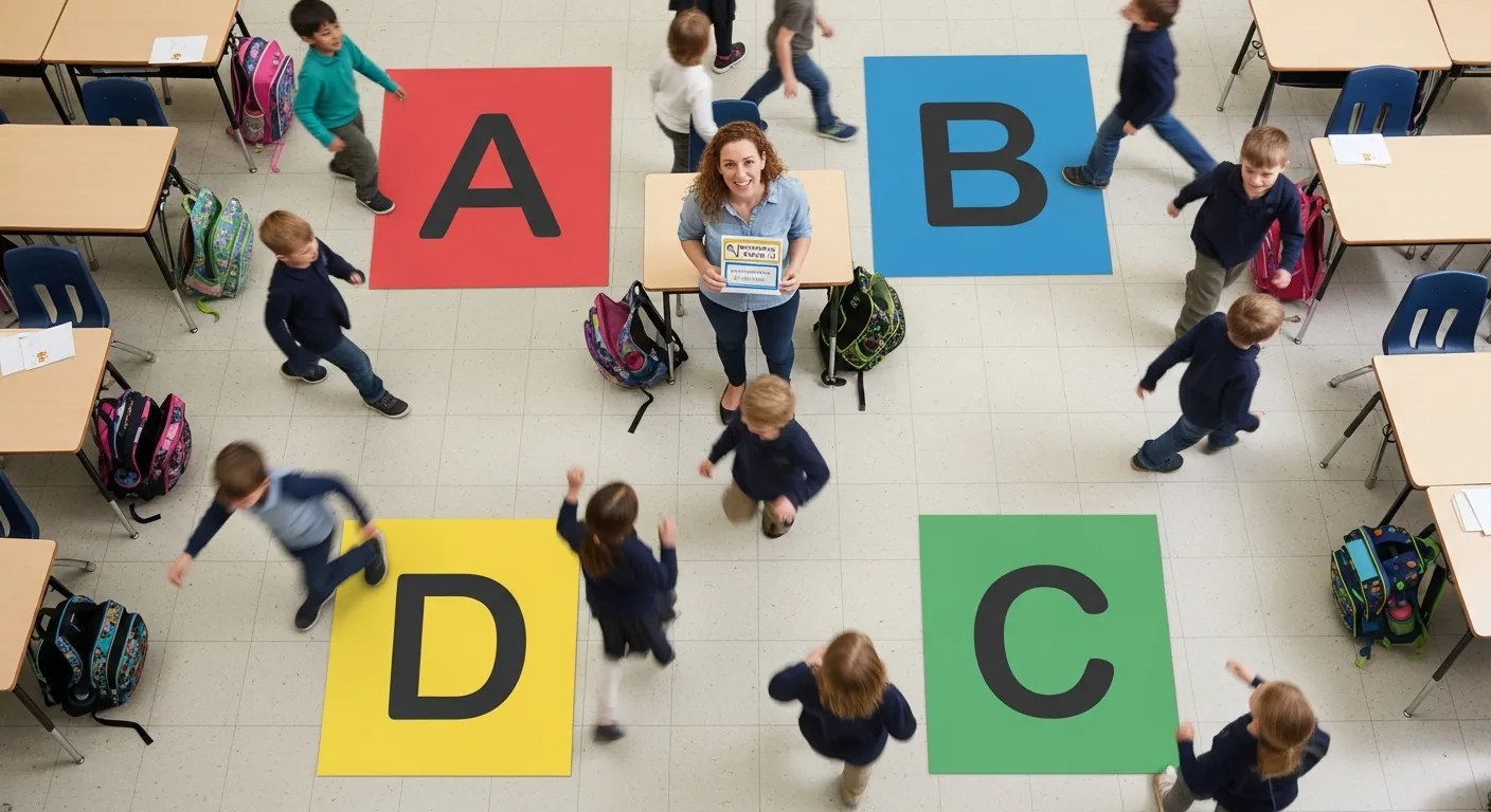 Los estudiantes se desplazan a las cuatro esquinas para un juego de repaso de opción múltiple.