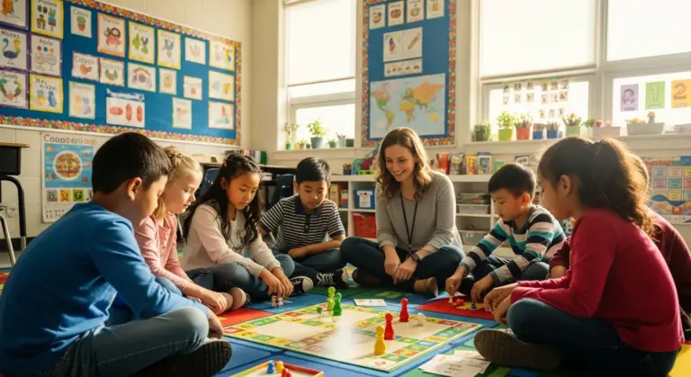 Lehrer und Schüler spielen gemeinsam lustige Klassenspiele