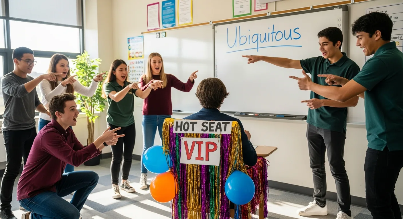 Un estudiante, en el banquillo de los acusados, intenta adivinar una palabra del vocabulario a partir de las pistas de sus compañeros.
