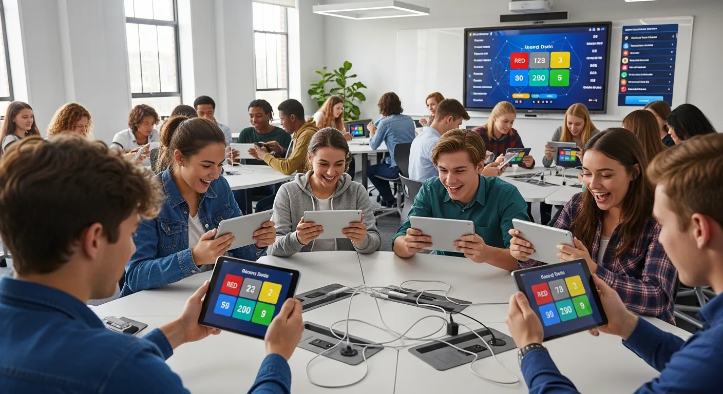 Estudiantes jugando al juego de preguntas digitales Kahoot en tabletas.