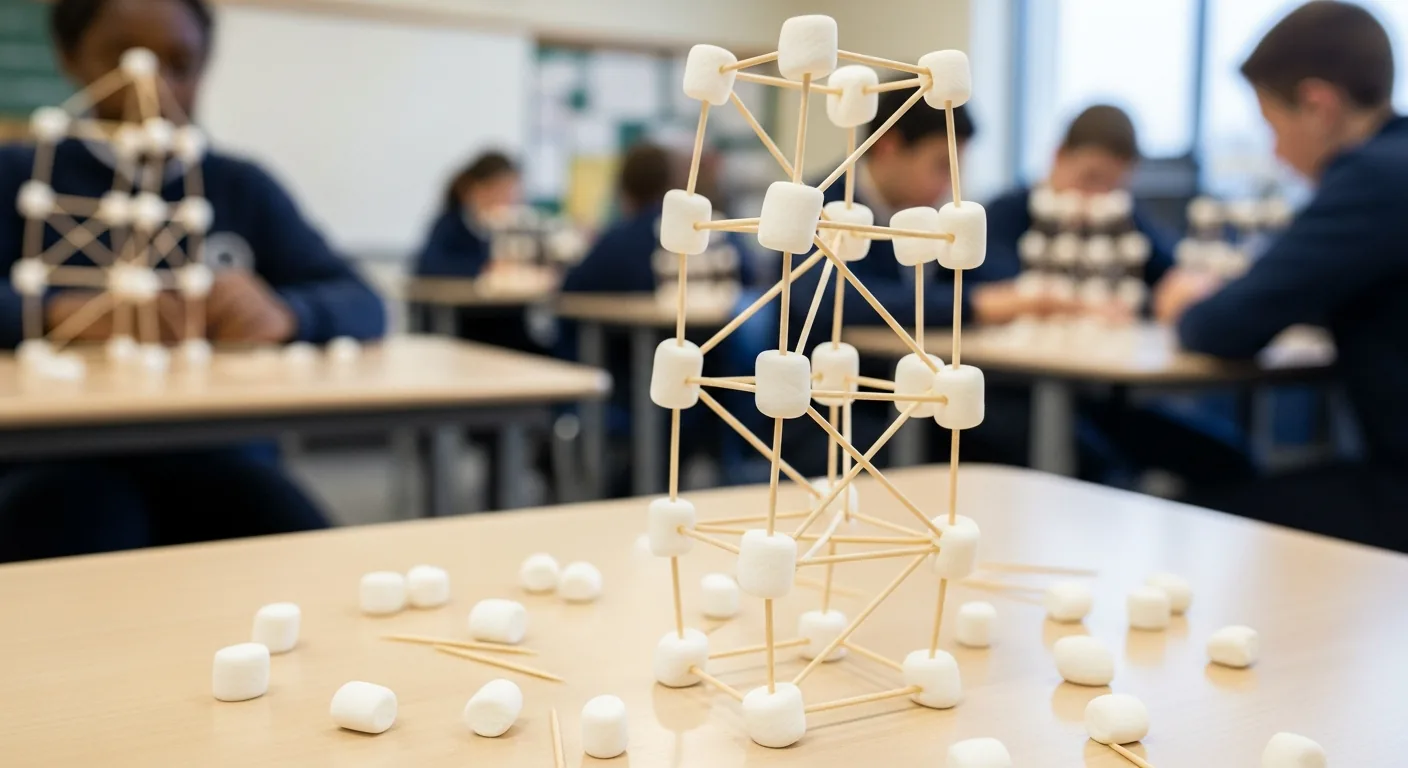 Estructuras de torres hechas con malvaviscos y palillos de dientes construidas por estudiantes