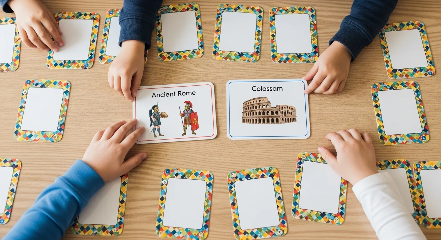 Tarjetas didácticas para emparejar, extendidas sobre la mesa del aula.