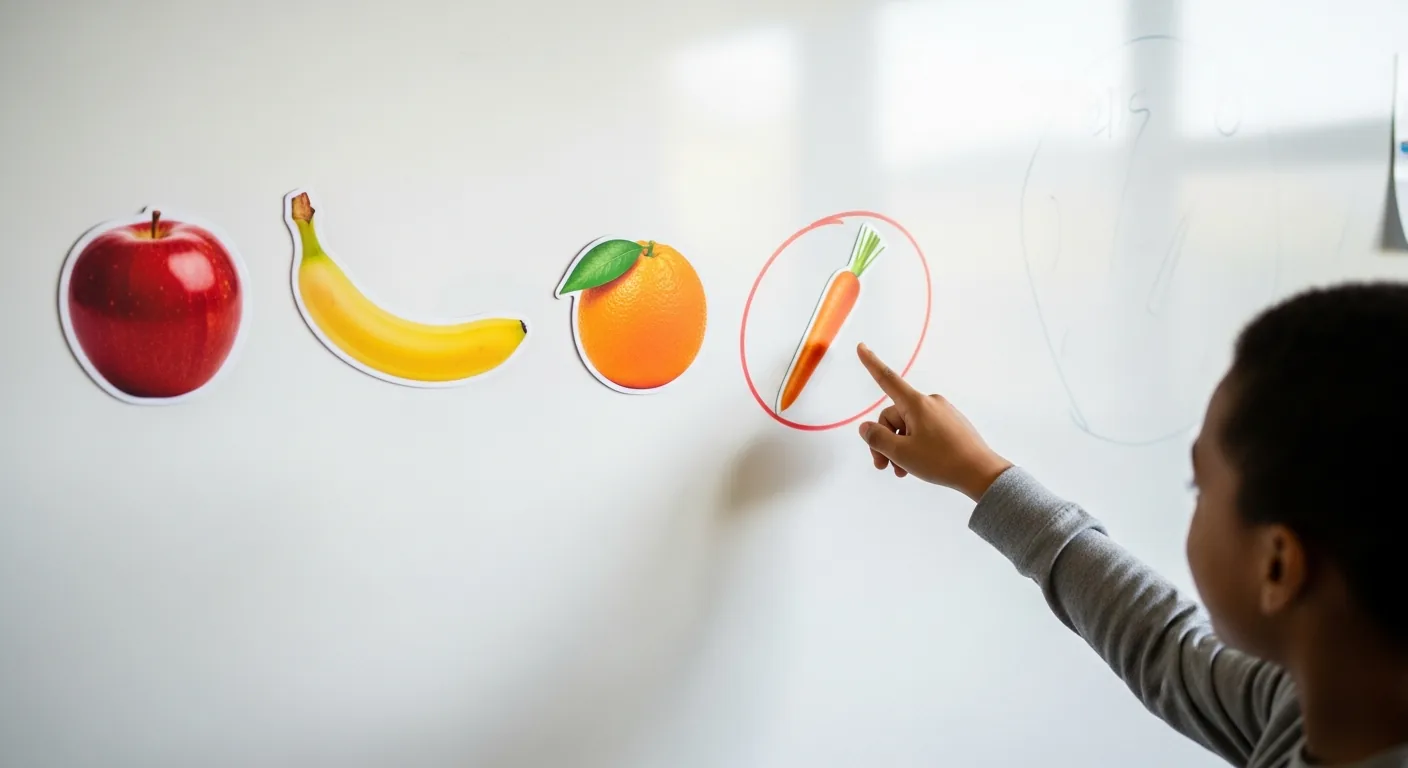 Juego de categorización "El intruso" en la pizarra blanca del aula