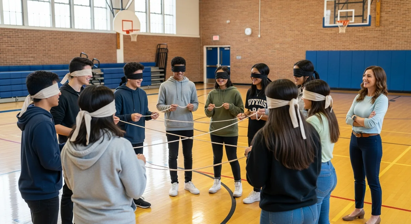 Estudiantes con los ojos vendados forman un cuadrado perfecto con una cuerda.