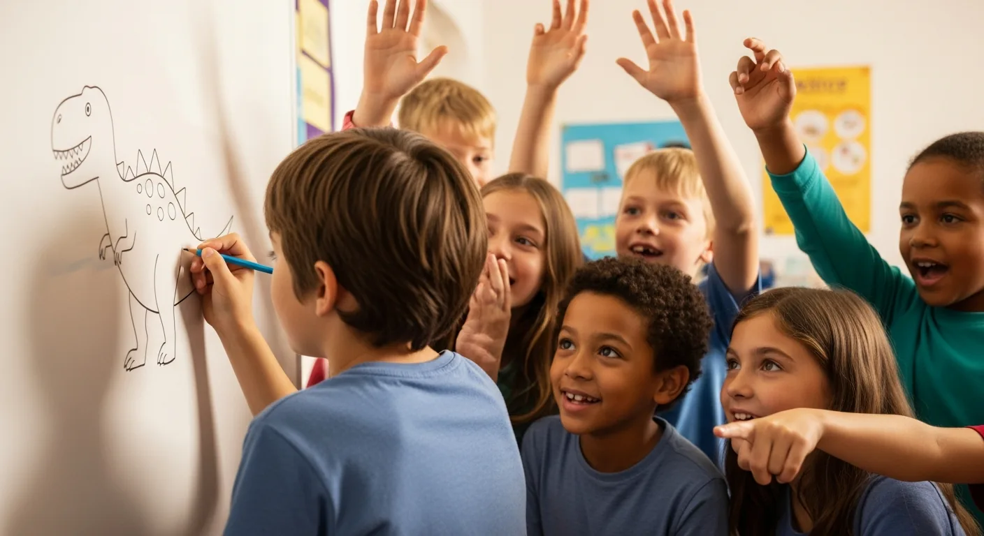 Un alumno dibuja en la pizarra durante el juego de Pictionary en clase.