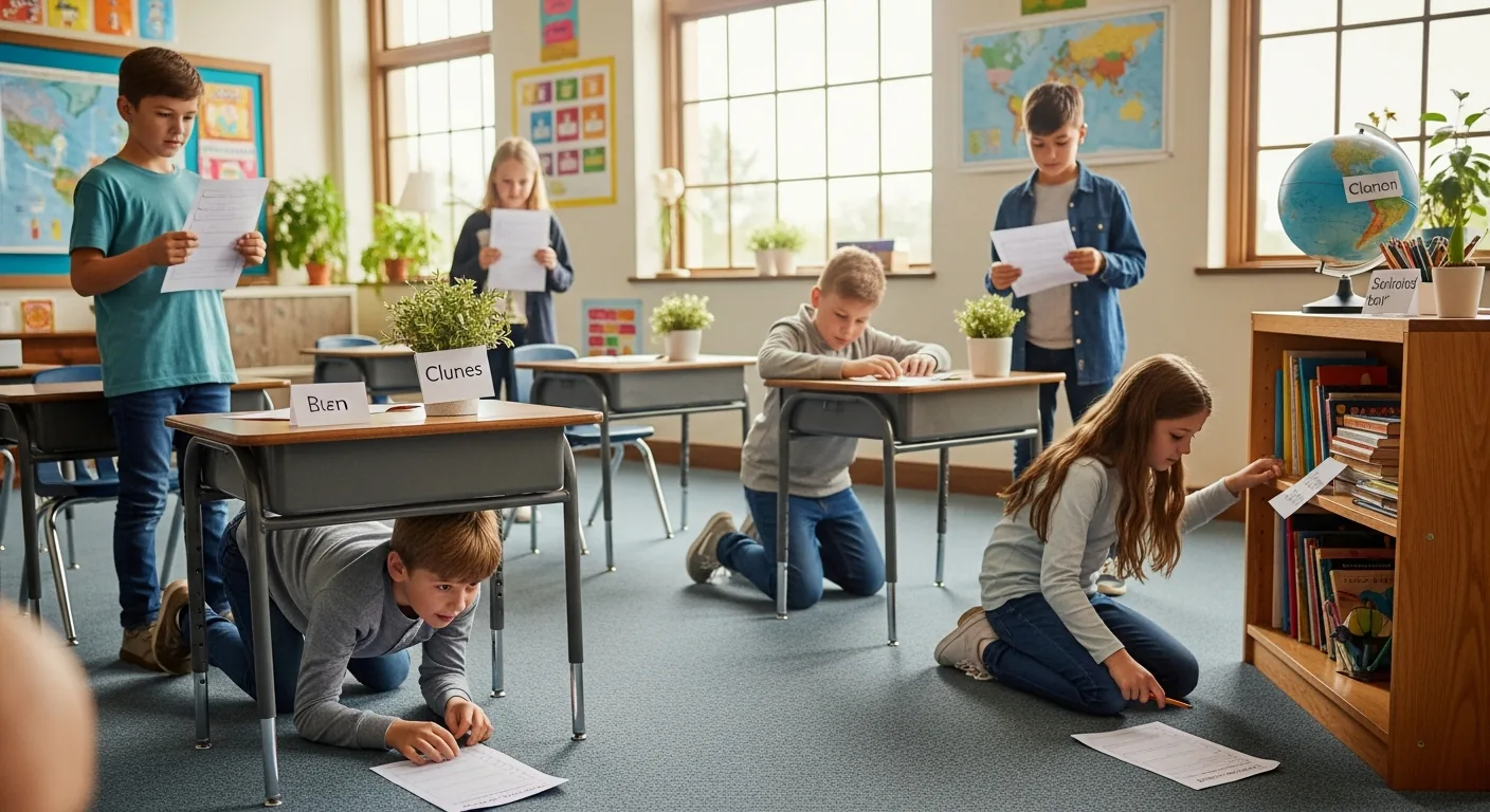 Estudiantes buscando en el aula durante una búsqueda del tesoro educativa