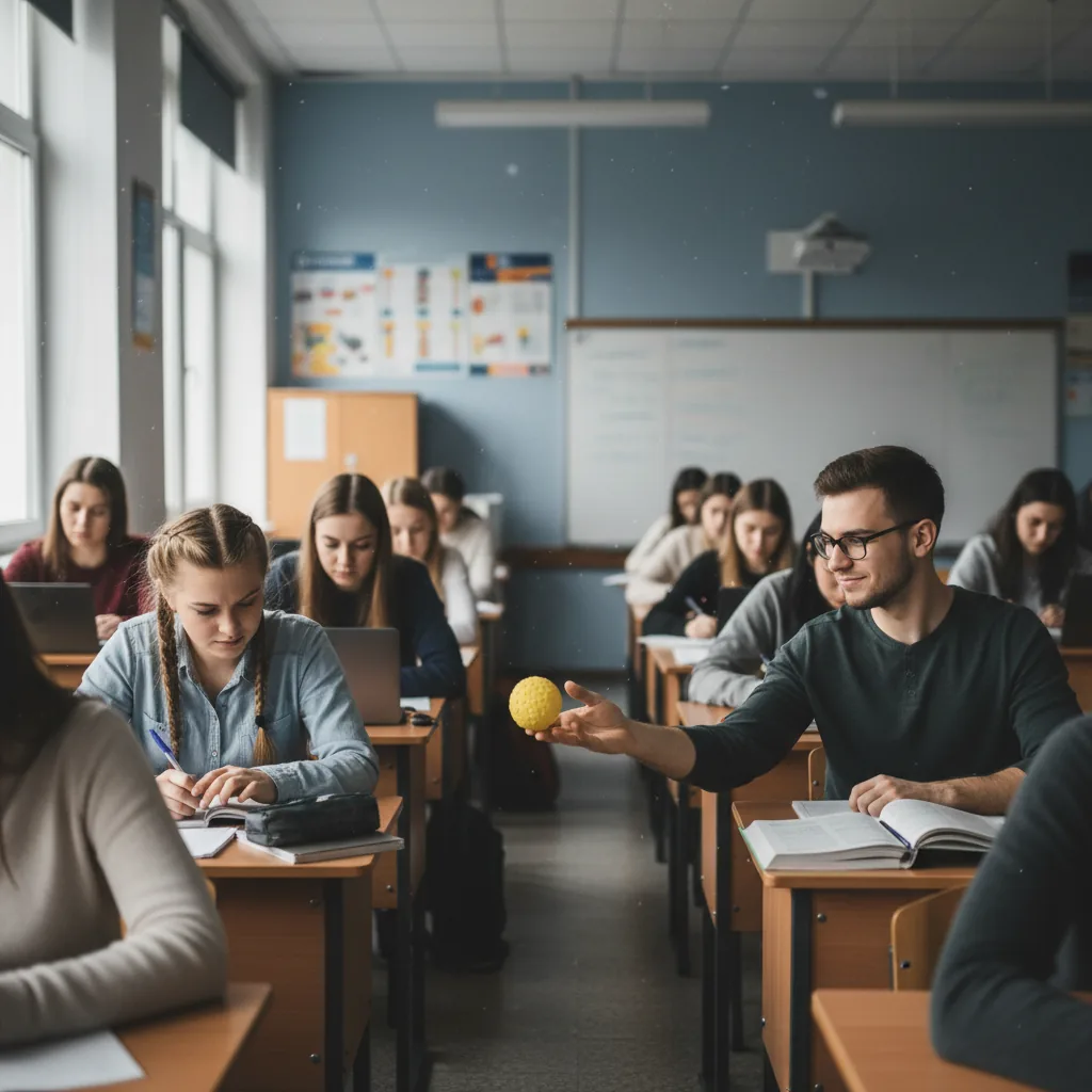 Alumnos jugando al juego de concentración "Pelota silenciosa" en el aula.