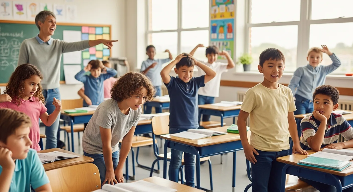 Estudiantes haciendo poses graciosas durante el juego de Simón dice en el aula.