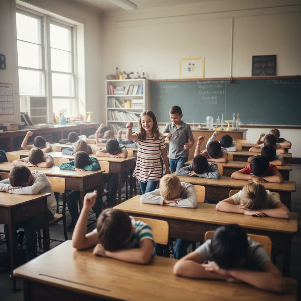 Estudiantes jugando al juego de aula "Pulgar arriba, siete arriba"