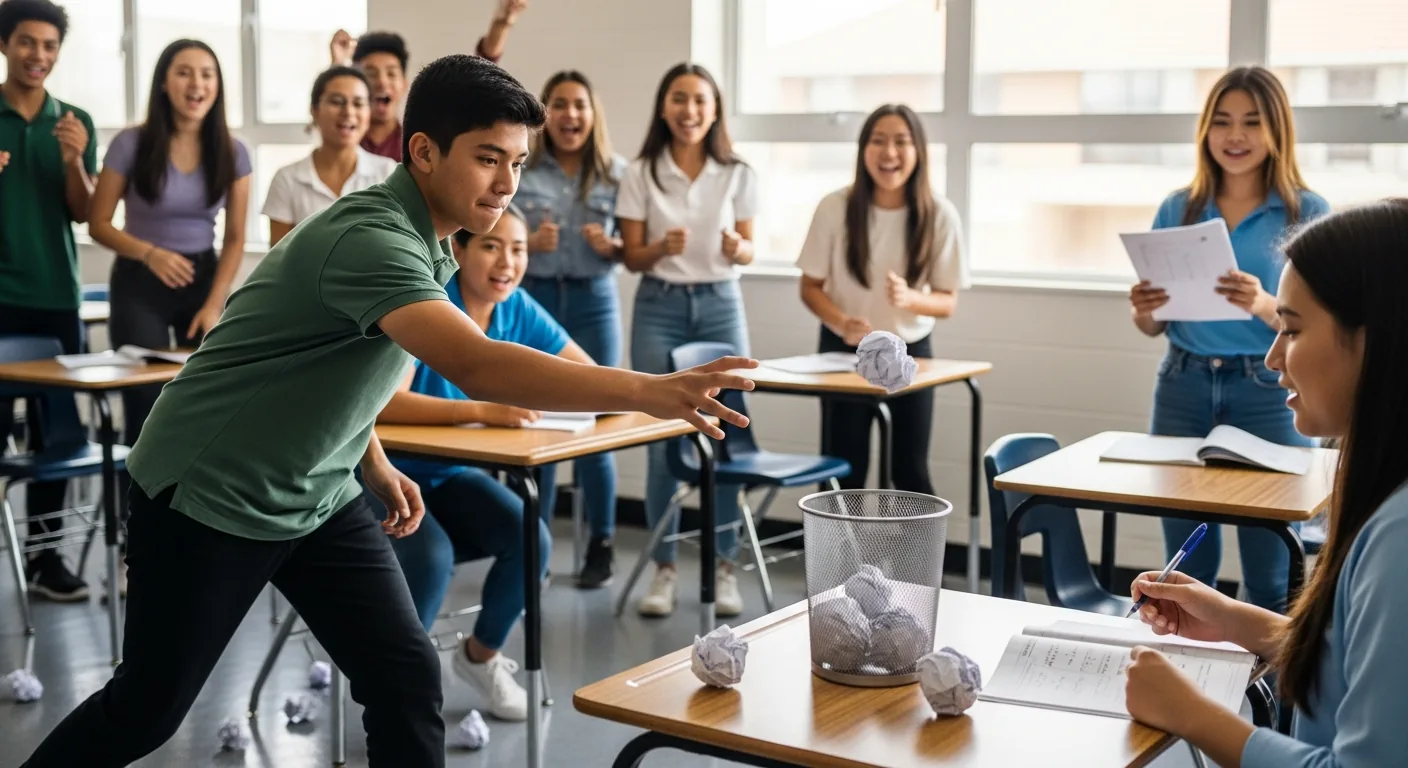 Un estudiante lanza una pelota de papel en un juego de repaso de Trashketball.