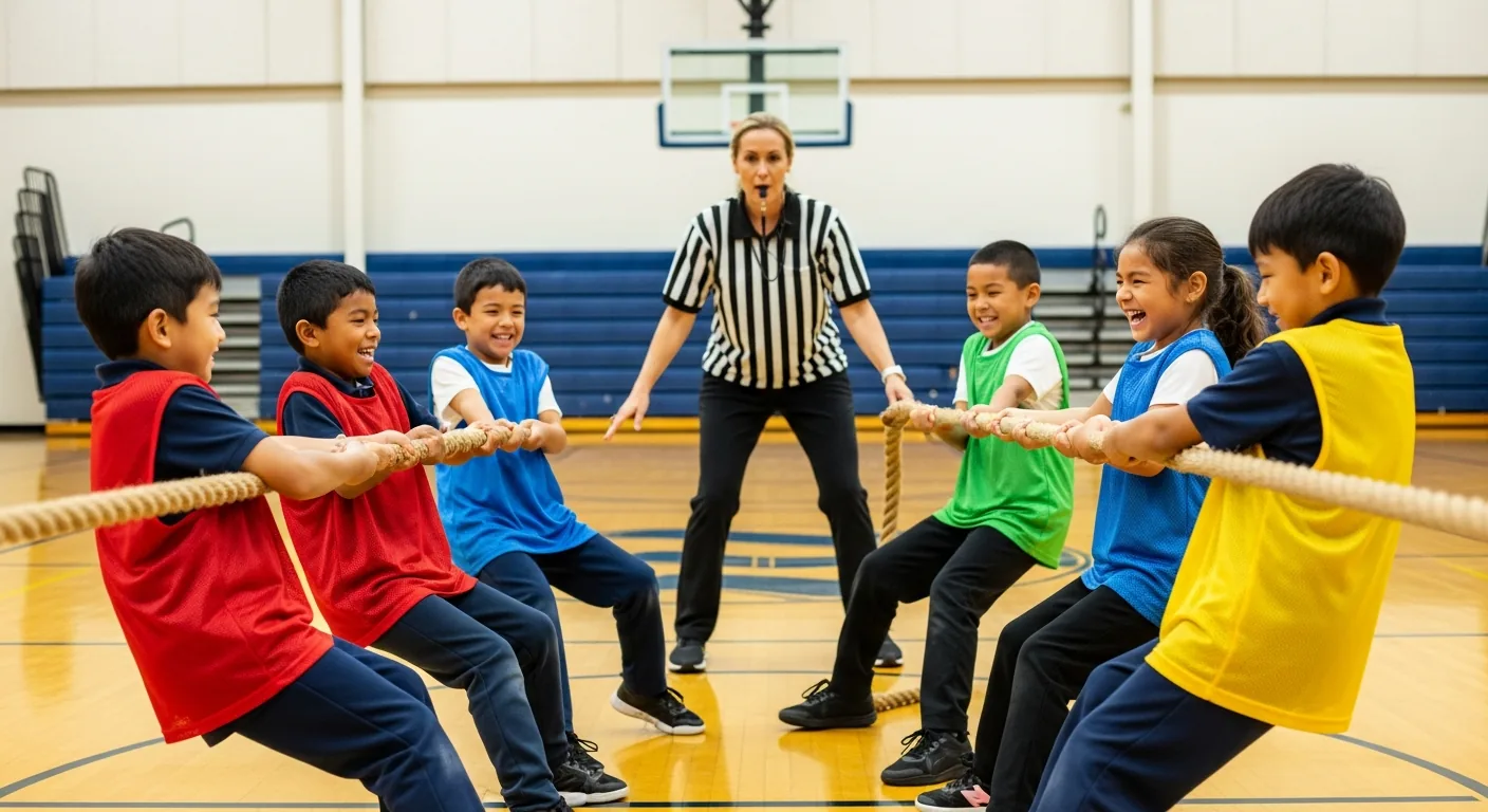 Cuatro equipos jugando a la soga en el gimnasio de la escuela.