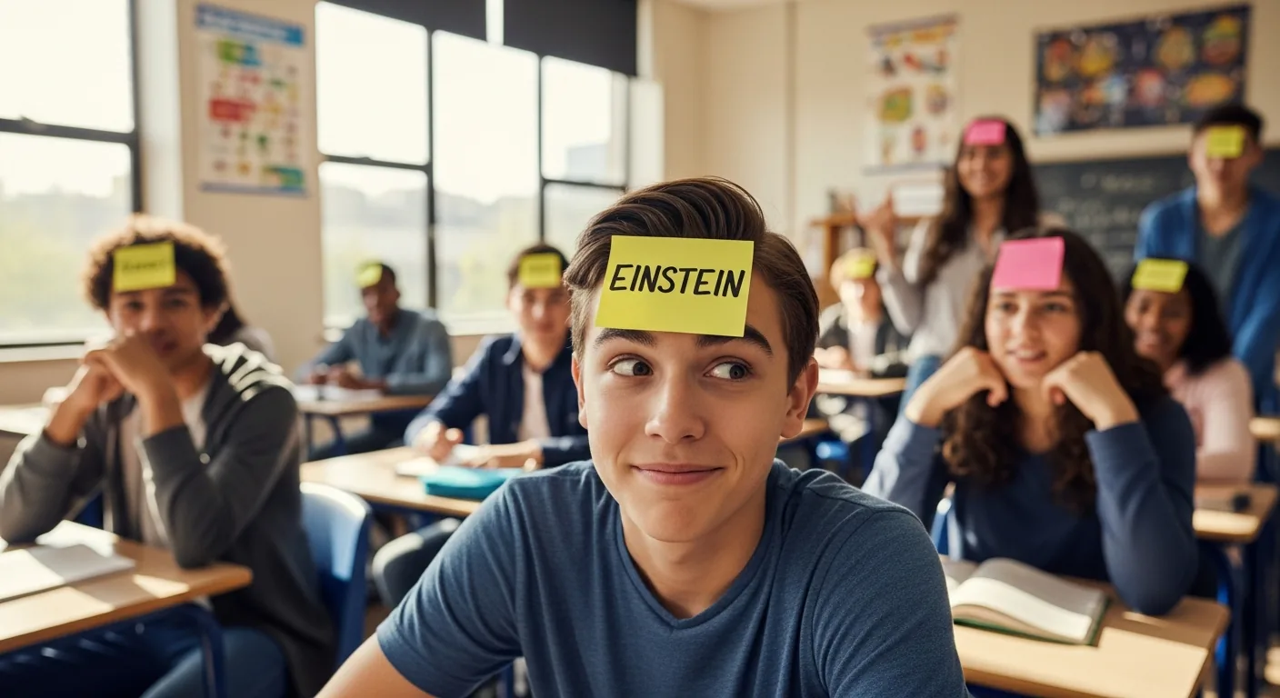 Estudiante con una nota adhesiva en la frente jugando al juego "¿Quién soy yo?".