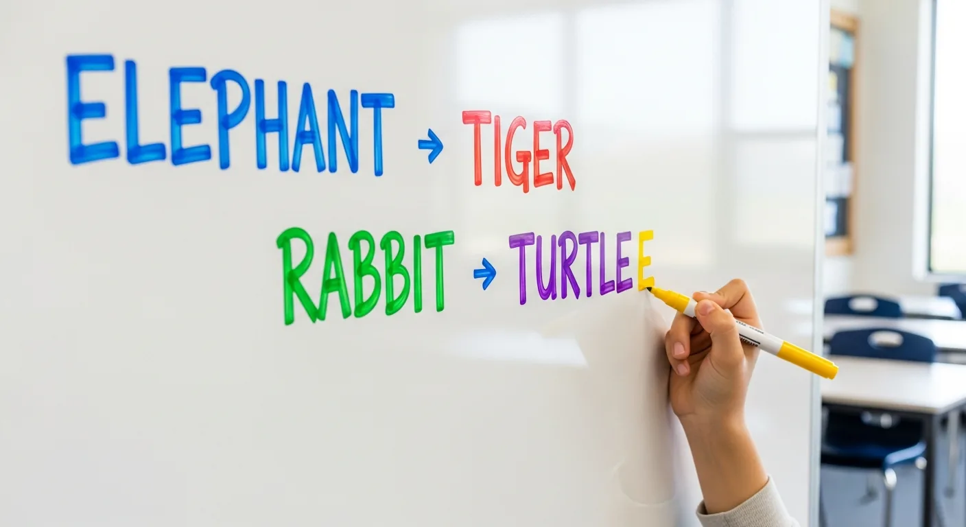 Juego de vocabulario en cadena de palabras proyectado en la pizarra blanca del aula.