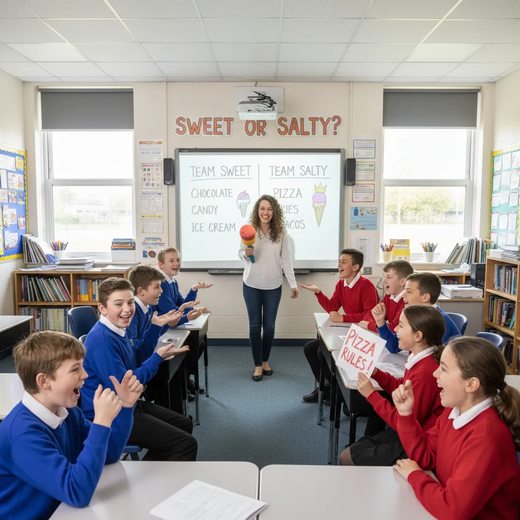 Estudiantes debatiendo preguntas del tipo "¿Qué prefieres?" en el aula.